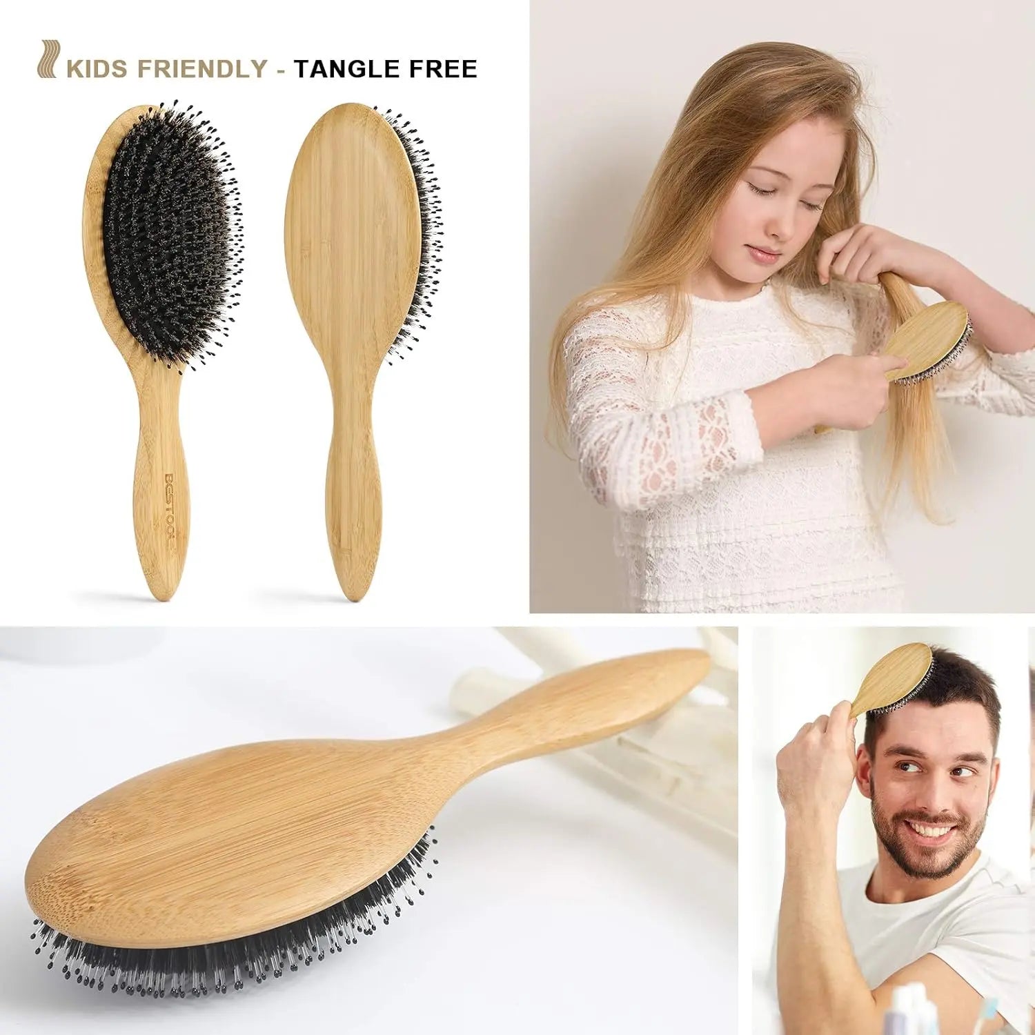 BESTOOL Boar Bristle Hair Brush - Natural Bamboo Cushion Paddle Brush for All Hair Types, Anti-Static, Large Round Design for Women, Men, and Children
