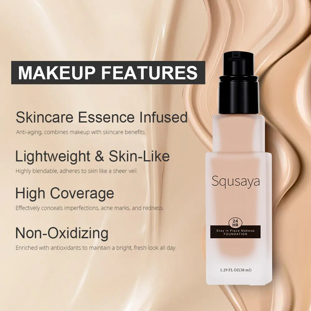 Squsaya Foundation Makeup Matte with Vitamin C for Dry + Oily Combination Skin Types Super Stay up to 24HR with Free Makeup Brushes