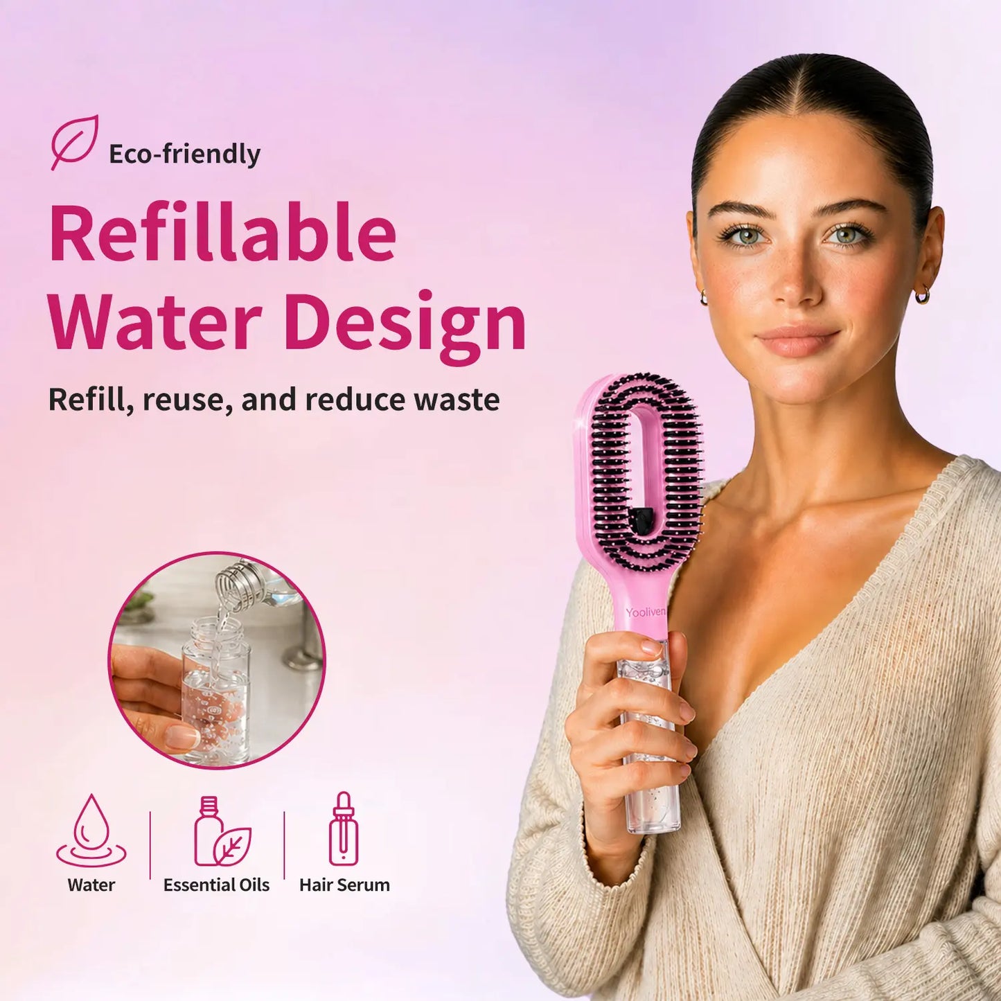 Summerwins Yooliven 3-In-1 Mist Spray Hair Brush - Anti-Frizz Ionic Detangling Comb with Refillable 55Ml Water Tank, Dual Bristle Design with Massage Tips for Dry, Curly & Thick Hair, Effortlessly Untangle Knotted Hair