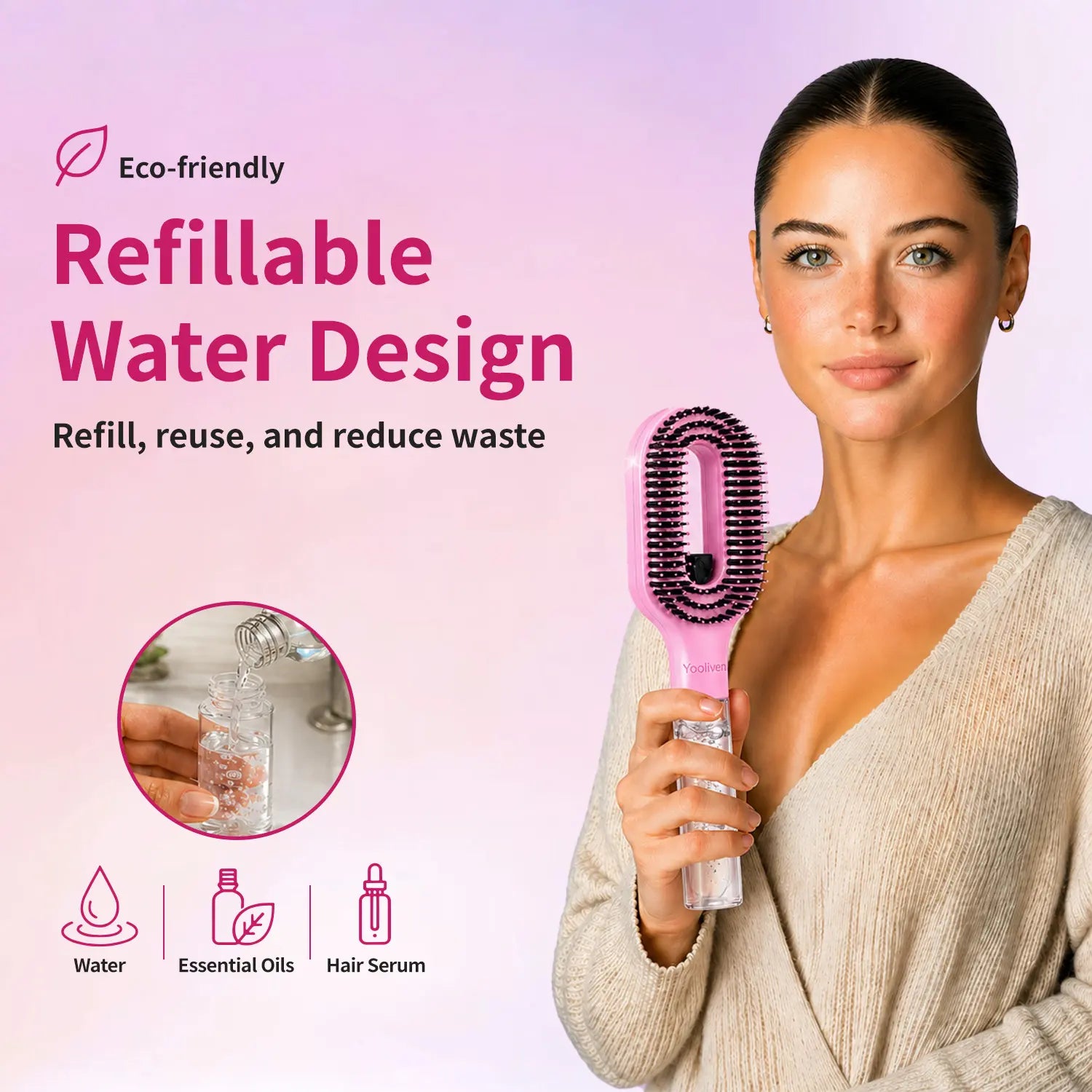 Summerwins Yooliven 3-In-1 Mist Spray Hair Brush - Anti-Frizz Ionic Detangling Comb with Refillable 55Ml Water Tank, Dual Bristle Design with Massage Tips for Dry, Curly & Thick Hair, Effortlessly Untangle Knotted Hair