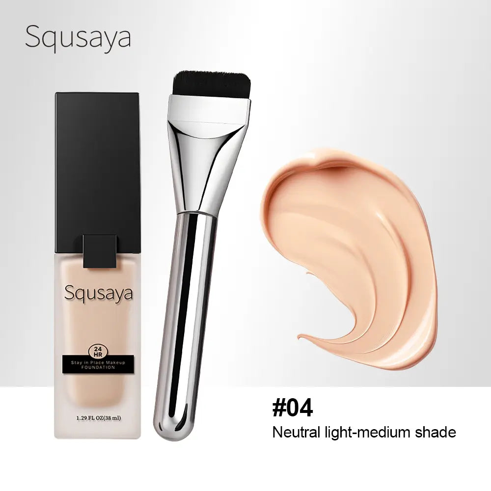 Squsaya Foundation Makeup Matte with Vitamin C for Dry + Oily Combination Skin Types Super Stay up to 24HR with Free Makeup Brushes