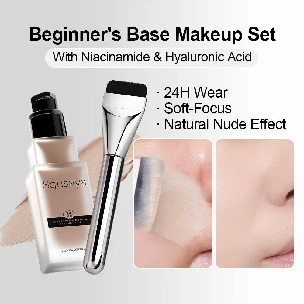 Squsaya Foundation Makeup Matte with Vitamin C for Dry + Oily Combination Skin Types Super Stay up to 24HR with Free Makeup Brushes