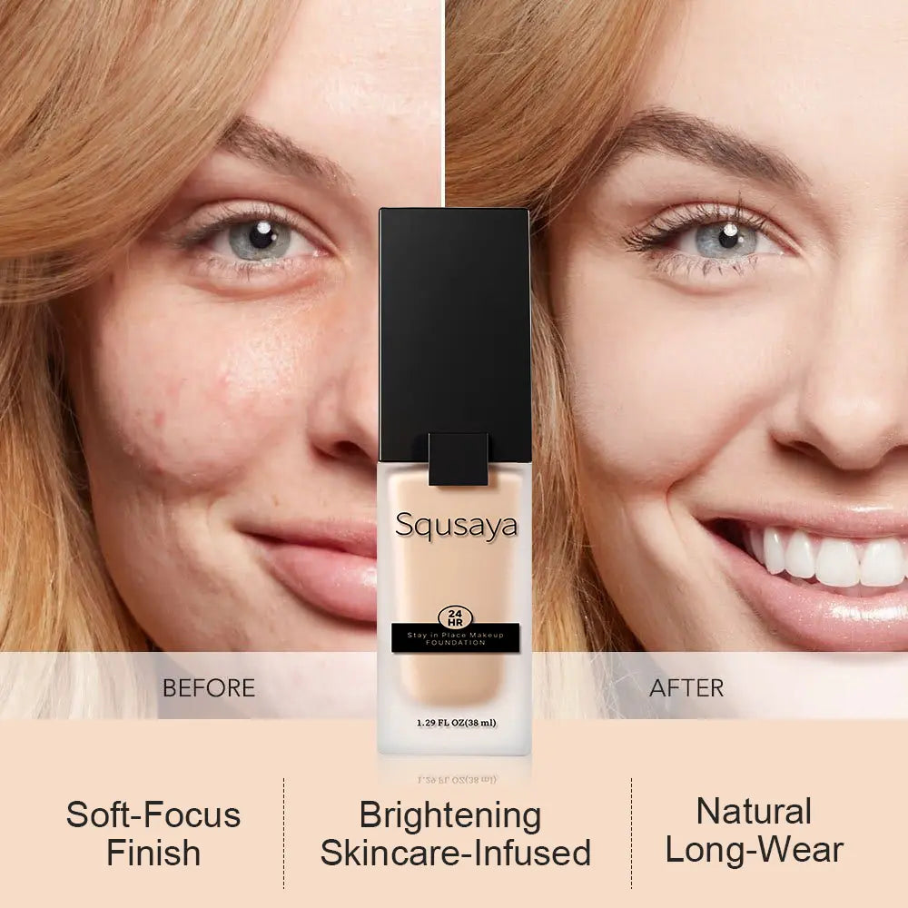 Squsaya Foundation Makeup Matte with Vitamin C for Dry + Oily Combination Skin Types Super Stay up to 24HR with Free Makeup Brushes