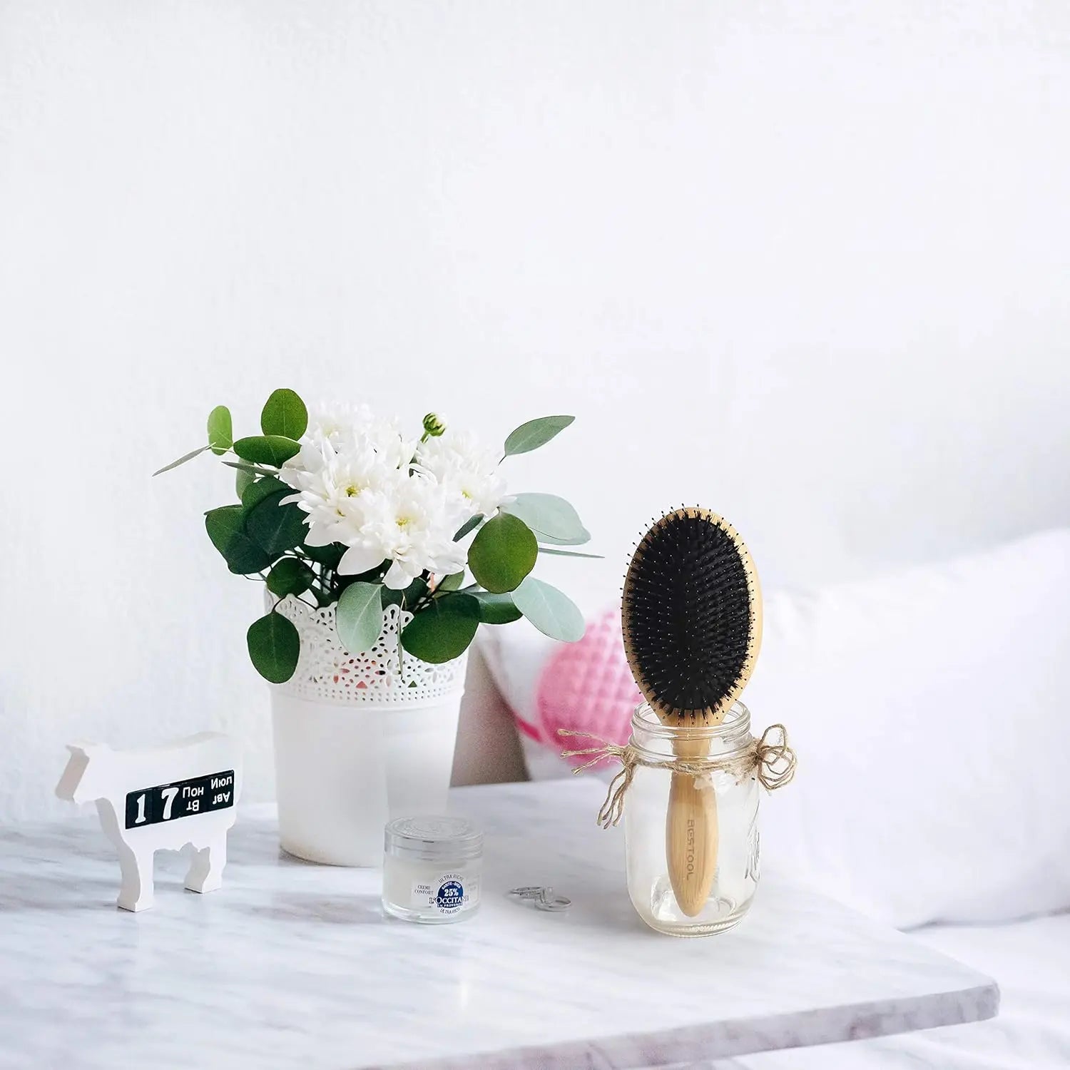 BESTOOL Boar Bristle Hair Brush - Natural Bamboo Cushion Paddle Brush for All Hair Types, Anti-Static, Large Round Design for Women, Men, and Children
