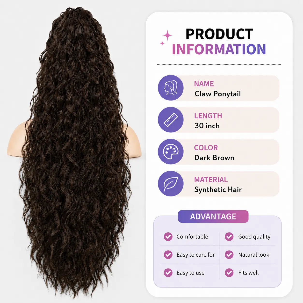 NOKOARI 30In Heat-Resistant Synthetic Curly Wave Extensions - Claw Clip Ponytail Hairpiece, Soft Wavy Hair Extensions for Daily, Party Use