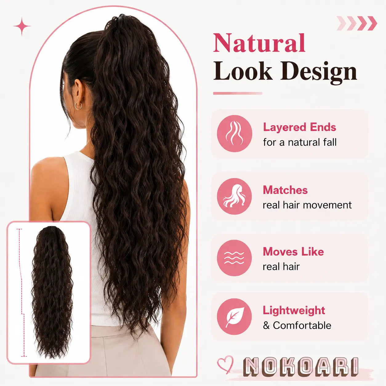 NOKOARI 30In Heat-Resistant Synthetic Curly Wave Extensions - Claw Clip Ponytail Hairpiece, Soft Wavy Hair Extensions for Daily, Party Use