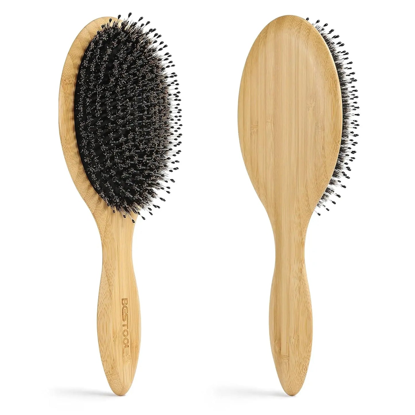 BESTOOL Boar Bristle Hair Brush - Natural Bamboo Cushion Paddle Brush for All Hair Types, Anti-Static, Large Round Design for Women, Men, and Children