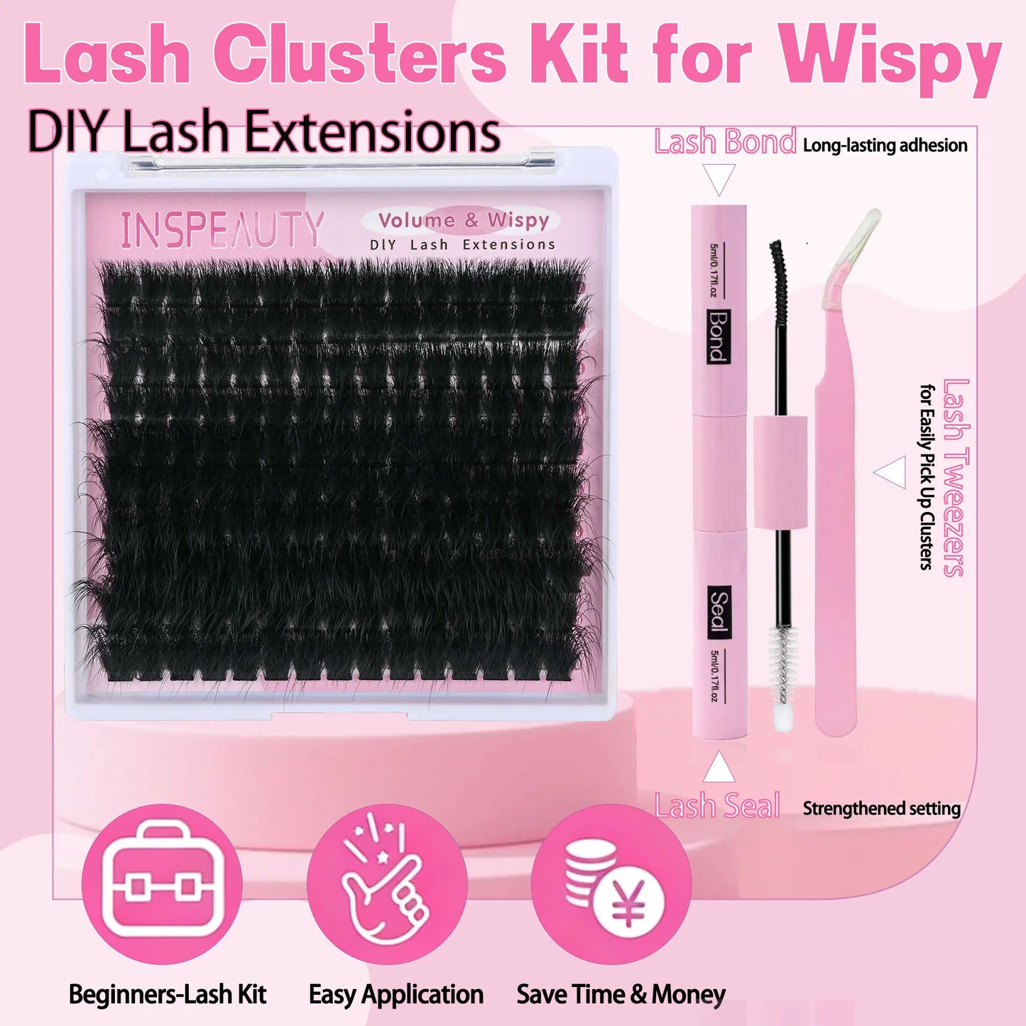 Lash Clusters Kit 200D Thick Lash Clusters Eyelash Extension Kit 12-20Mm Individual Lashes Kit with Lash Bond and Seal, Lash Tweezers for DIY Lashes Extension by INSPEAUTY
