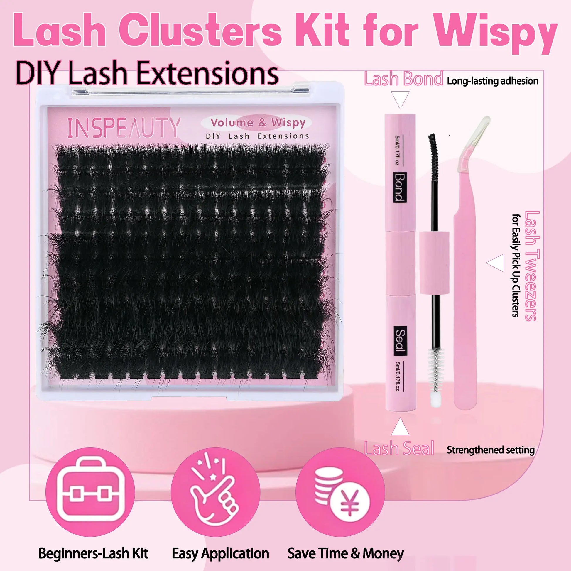 Lash Clusters Kit 200D Thick Lash Clusters Eyelash Extension Kit 12-20Mm Individual Lashes Kit with Lash Bond and Seal, Lash Tweezers for DIY Lashes Extension by INSPEAUTY