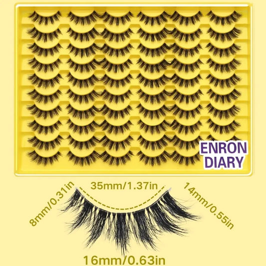 Enron Diary 30 Pairs Natural Thick Russian Volume Lashes, 3D Dramatic Curl Effect, Long & Thick, Perfect for Lengthening, Elevating, Volumizing, High Quality Eyelashes, Cosmetic False Eyelashes