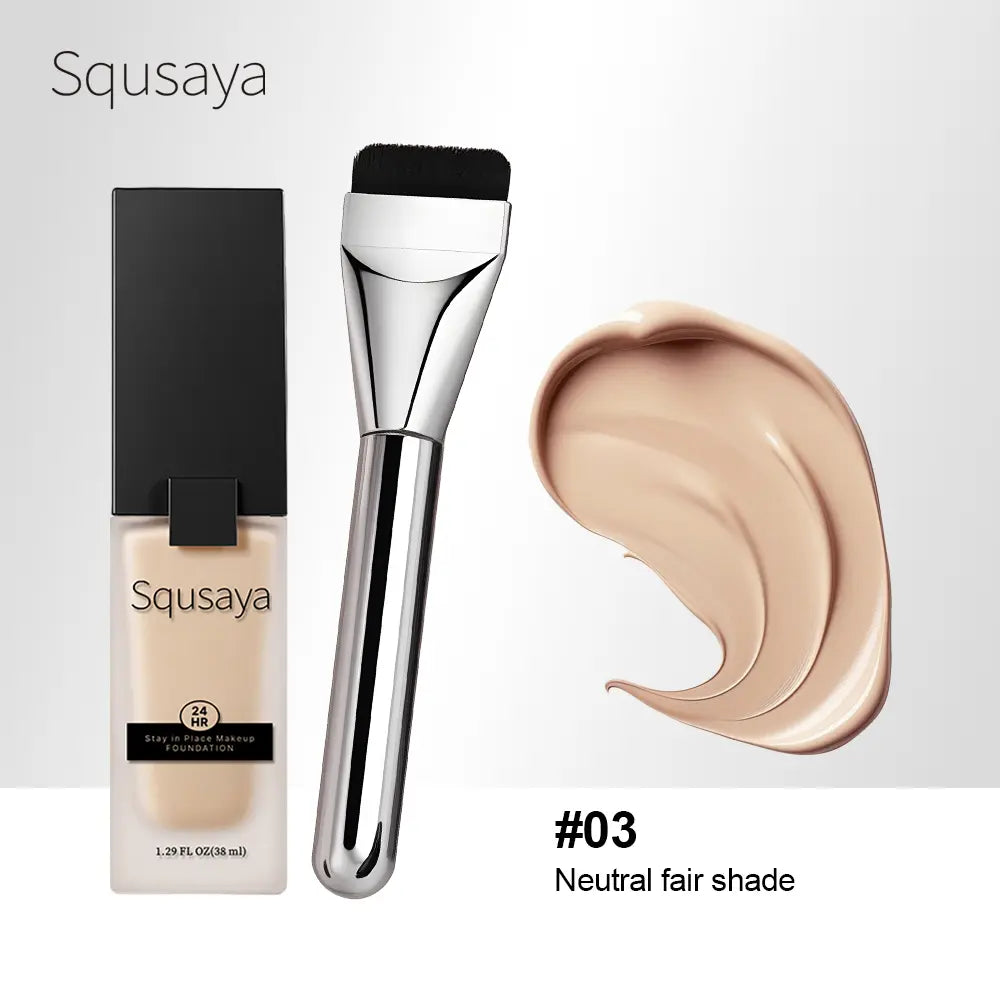 Squsaya Foundation Makeup Matte with Vitamin C for Dry + Oily Combination Skin Types Super Stay up to 24HR with Free Makeup Brushes
