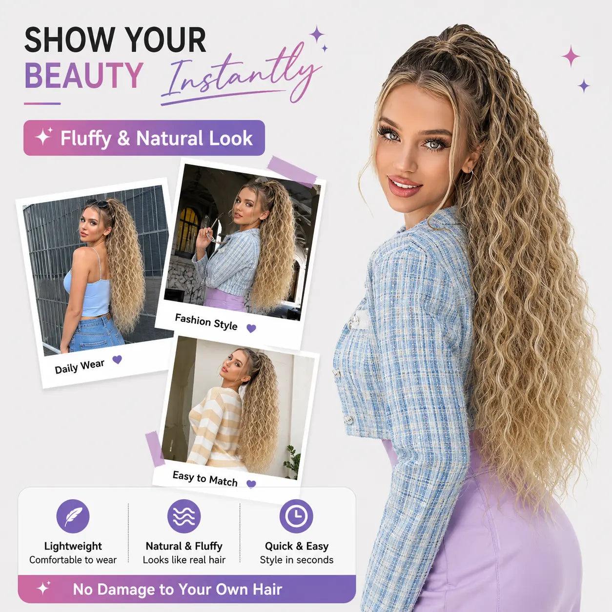 NOKOARI 30In Heat-Resistant Synthetic Curly Wave Extensions - Claw Clip Ponytail Hairpiece, Soft Wavy Hair Extensions for Daily, Party Use