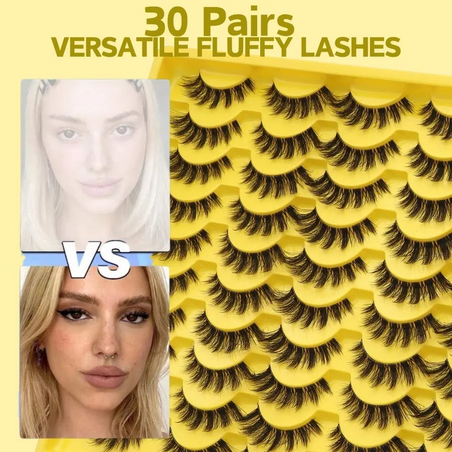 Enron Diary 30 Pairs Natural Thick Russian Volume Lashes, 3D Dramatic Curl Effect, Long & Thick, Perfect for Lengthening, Elevating, Volumizing, High Quality Eyelashes, Cosmetic False Eyelashes