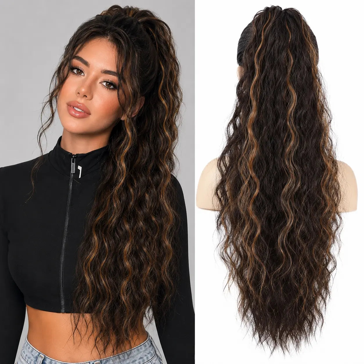 NOKOARI 30In Heat-Resistant Synthetic Curly Wave Extensions - Claw Clip Ponytail Hairpiece, Soft Wavy Hair Extensions for Daily, Party Use