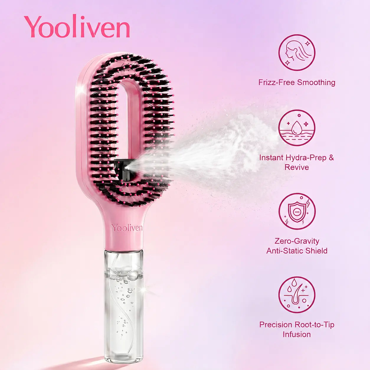 Summerwins Yooliven 3-In-1 Mist Spray Hair Brush - Anti-Frizz Ionic Detangling Comb with Refillable 55Ml Water Tank, Dual Bristle Design with Massage Tips for Dry, Curly & Thick Hair, Effortlessly Untangle Knotted Hair