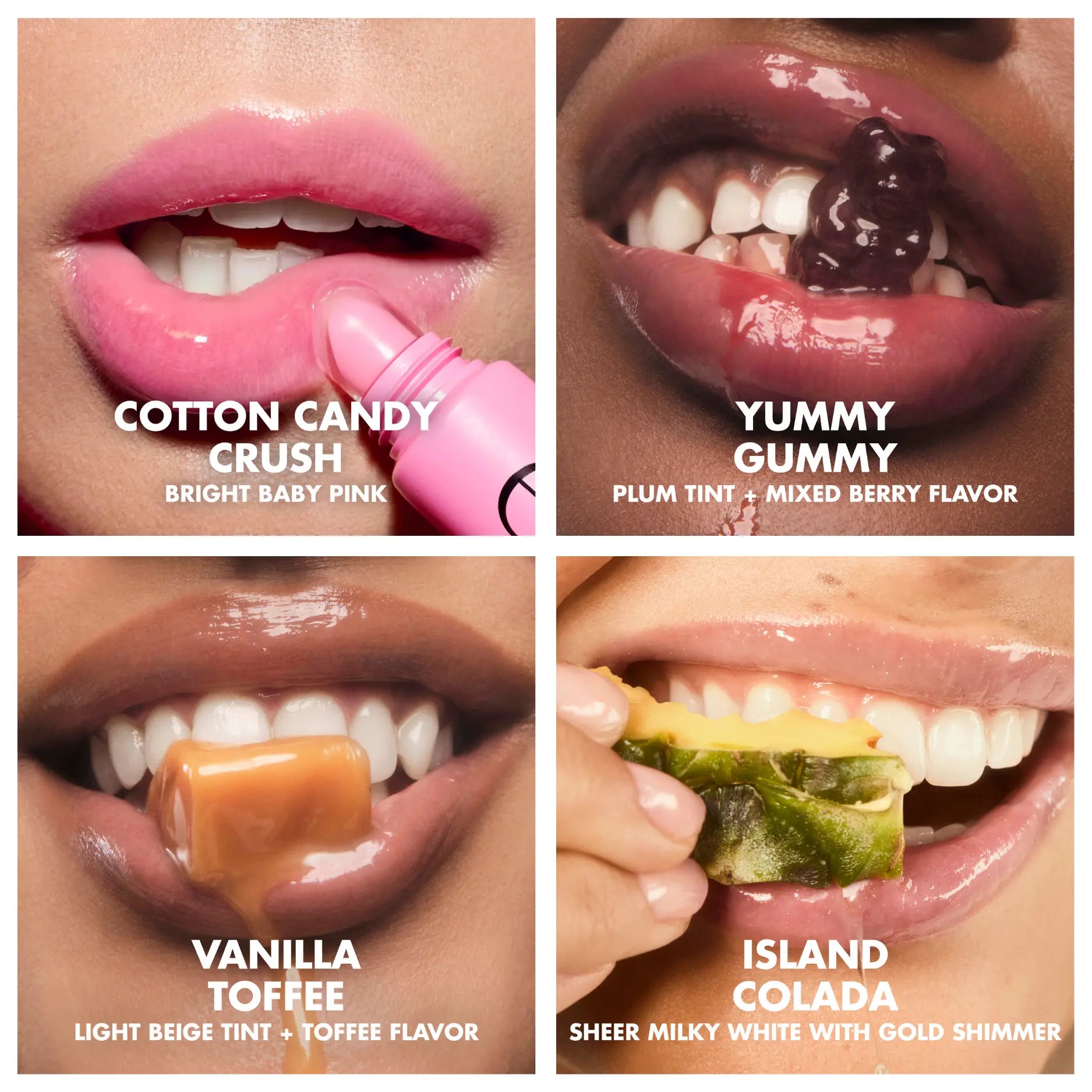 E.L.F. Glow Reviver Melting Lip Balm 4-Pack - Island Colada, Cotton Candy Crush, Vanilla Toffee, Yummy Gummy - Smooth Application, Buildable Color, Hydrating Butters