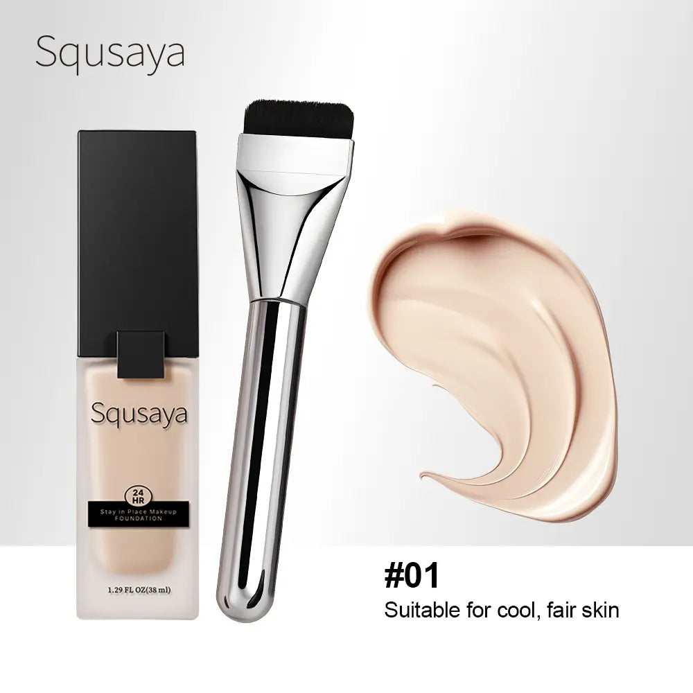 Squsaya Foundation Makeup Matte with Vitamin C for Dry + Oily Combination Skin Types Super Stay up to 24HR with Free Makeup Brushes