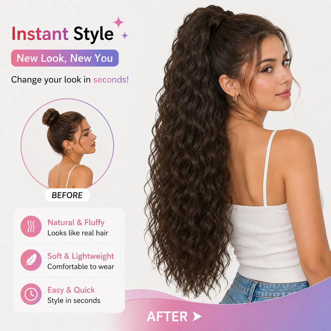 NOKOARI 30In Heat-Resistant Synthetic Curly Wave Extensions - Claw Clip Ponytail Hairpiece, Soft Wavy Hair Extensions for Daily, Party Use