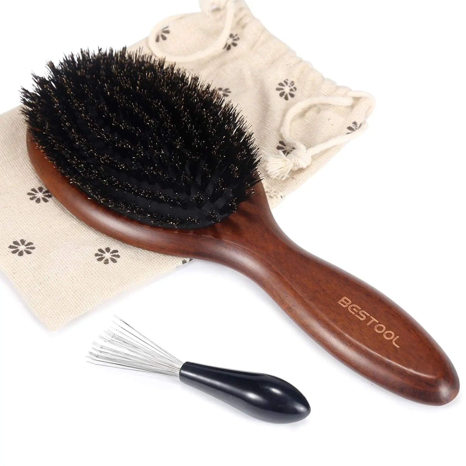 BESTOOL Boar Bristle Hair Brush - Natural Bamboo Cushion Paddle Brush for All Hair Types, Anti-Static, Large Round Design for Women, Men, and Children
