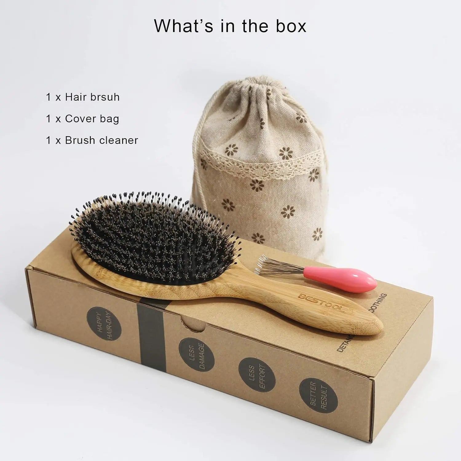 BESTOOL Boar Bristle Hair Brush - Natural Bamboo Cushion Paddle Brush for All Hair Types, Anti-Static, Large Round Design for Women, Men, and Children