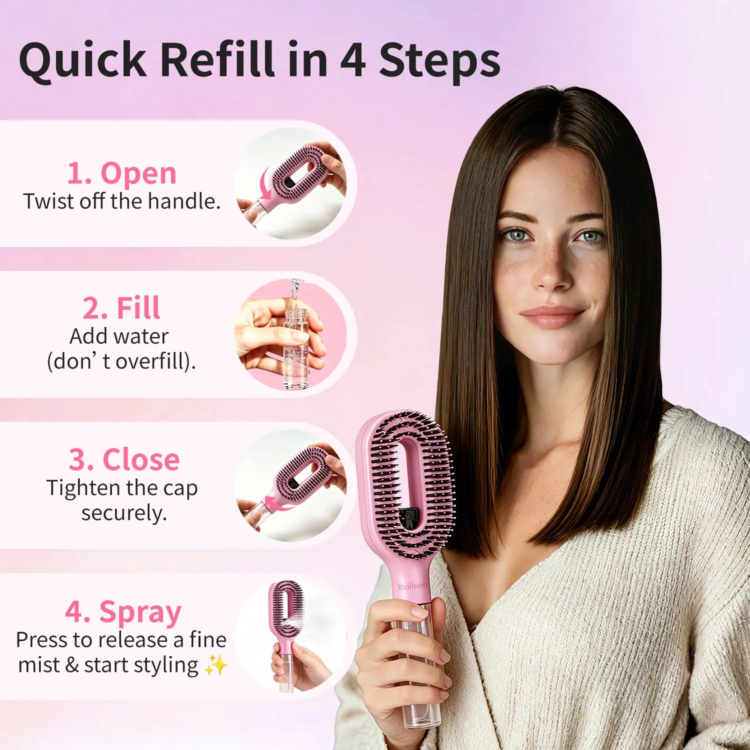 Summerwins Yooliven 3-In-1 Mist Spray Hair Brush - Anti-Frizz Ionic Detangling Comb with Refillable 55Ml Water Tank, Dual Bristle Design with Massage Tips for Dry, Curly & Thick Hair, Effortlessly Untangle Knotted Hair