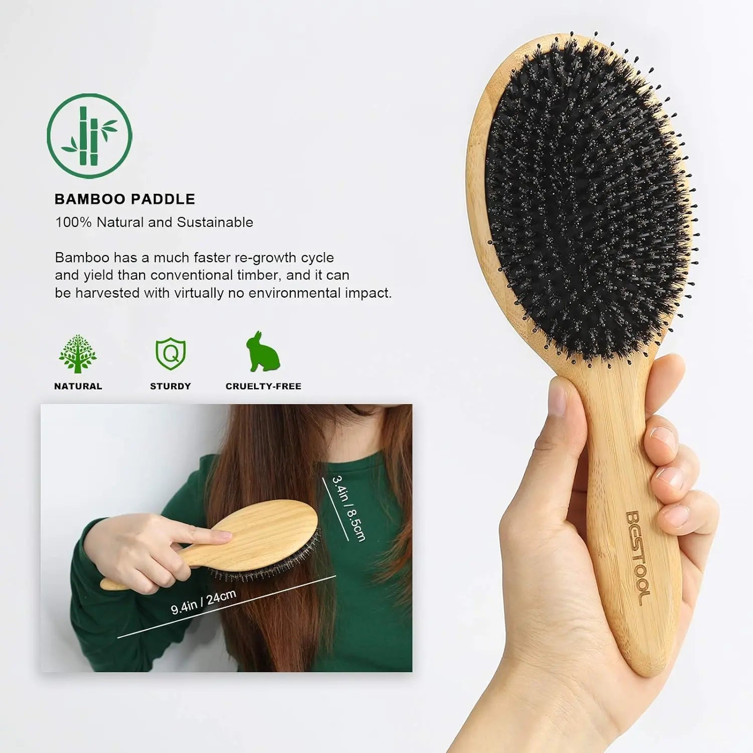BESTOOL Boar Bristle Hair Brush - Natural Bamboo Cushion Paddle Brush for All Hair Types, Anti-Static, Large Round Design for Women, Men, and Children