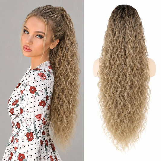 NOKOARI 30In Heat-Resistant Synthetic Curly Wave Extensions - Claw Clip Ponytail Hairpiece, Soft Wavy Hair Extensions for Daily, Party Use