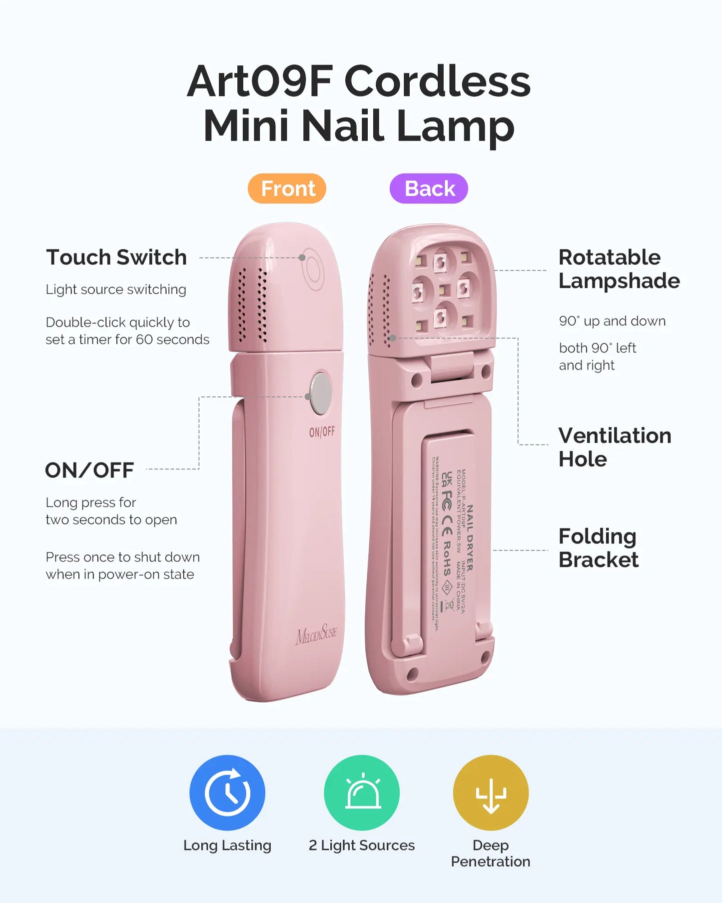 Melodysusie Cordless UV Nail Lamp with Foldable Stand, P-Art09F 2-in-1 Curing Light, Rechargeable, Ideal for Soft Gels, Base and Top Coats