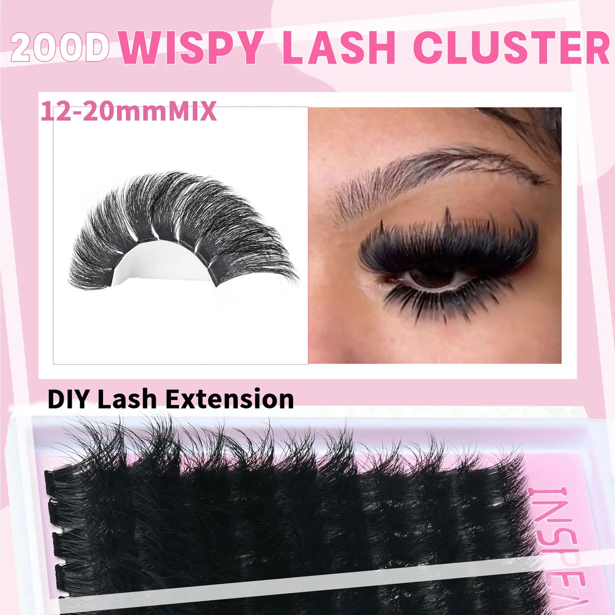 Lash Clusters Kit 200D Thick Lash Clusters Eyelash Extension Kit 12-20Mm Individual Lashes Kit with Lash Bond and Seal, Lash Tweezers for DIY Lashes Extension by INSPEAUTY