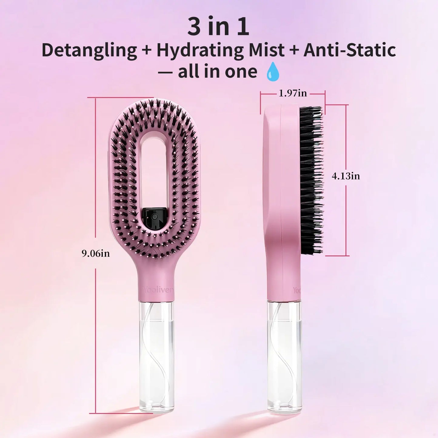 Summerwins Yooliven 3-In-1 Mist Spray Hair Brush - Anti-Frizz Ionic Detangling Comb with Refillable 55Ml Water Tank, Dual Bristle Design with Massage Tips for Dry, Curly & Thick Hair, Effortlessly Untangle Knotted Hair