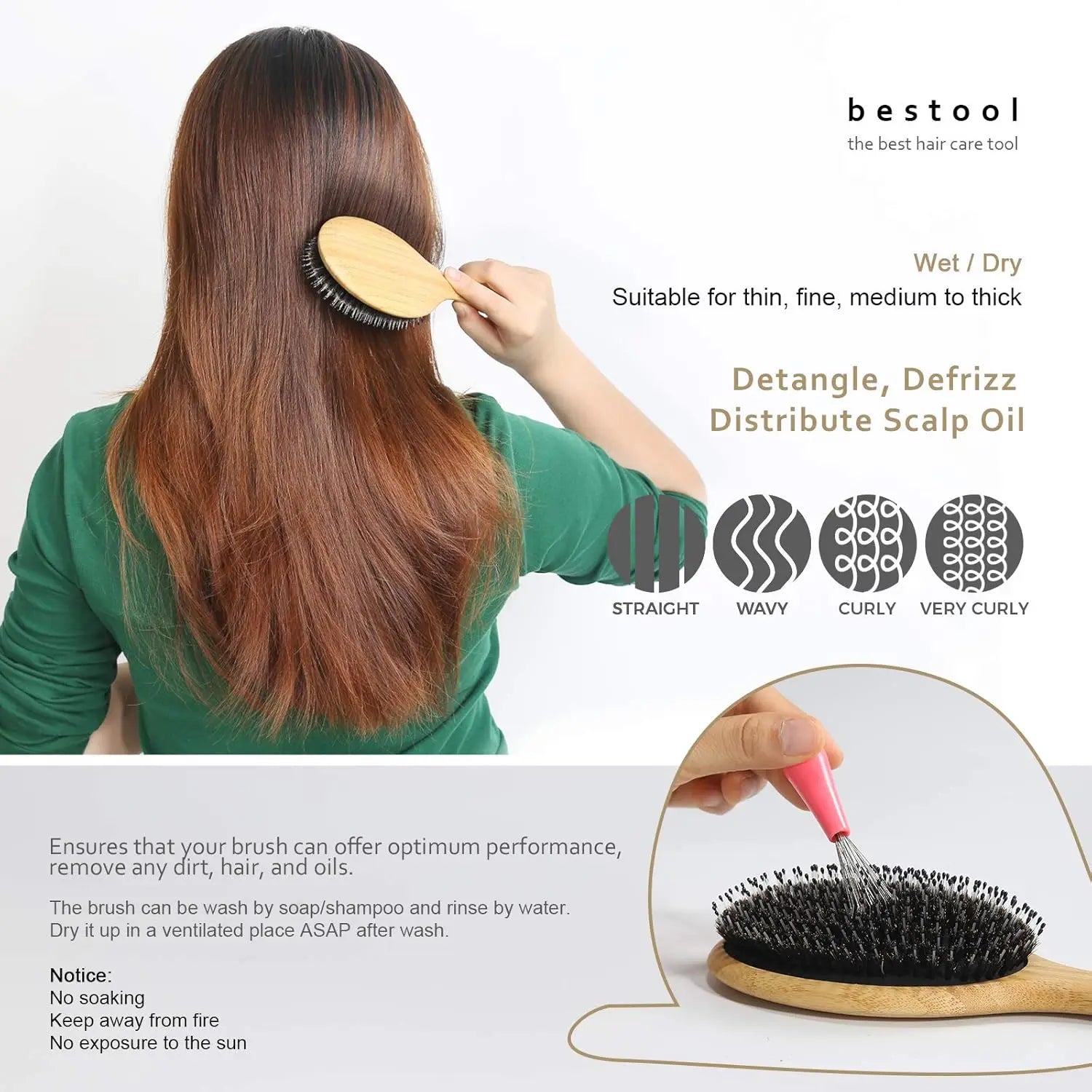 BESTOOL Boar Bristle Hair Brush - Natural Bamboo Cushion Paddle Brush for All Hair Types, Anti-Static, Large Round Design for Women, Men, and Children