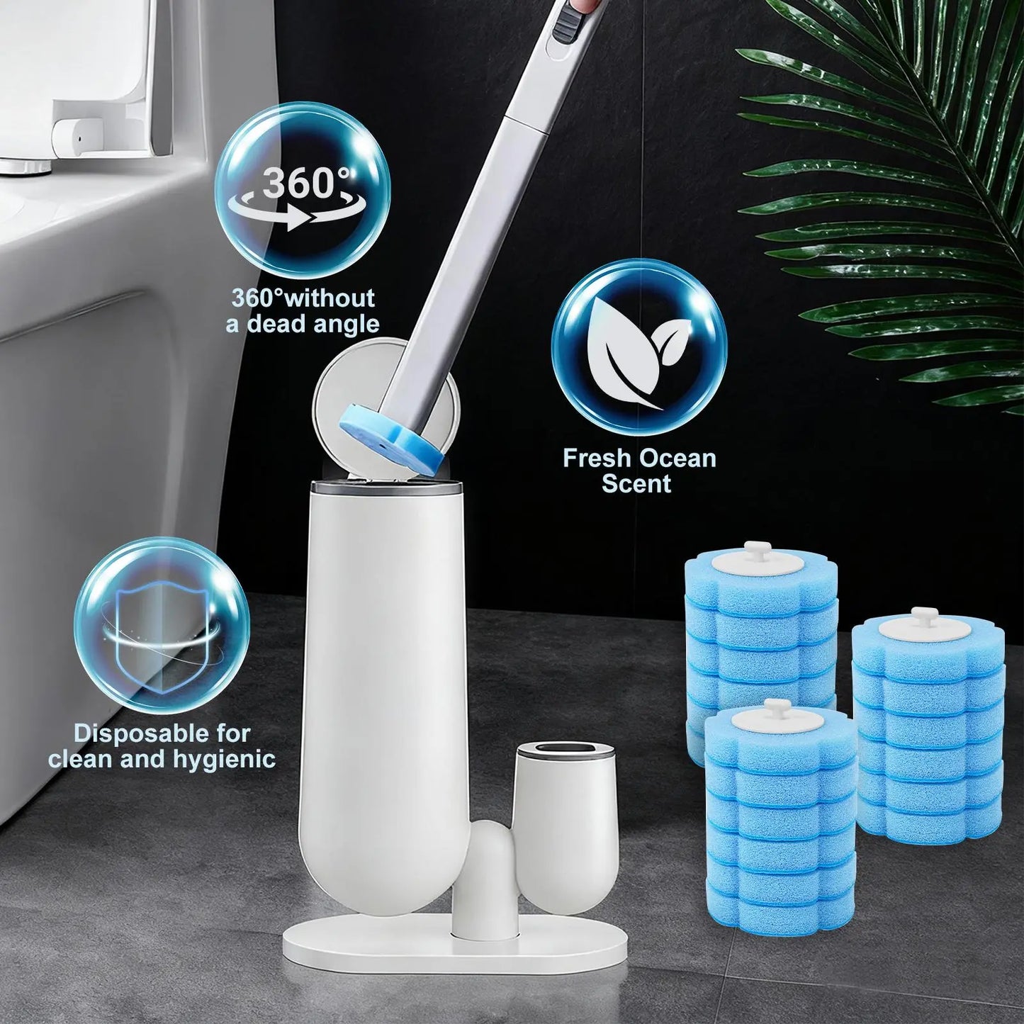 Disposable Toilet Brush with Cleaner Refills, Bathroom Bowl Wand Holder Set for Sink Bathtub Wash Basin Mop Pool Home Goods Cleaning