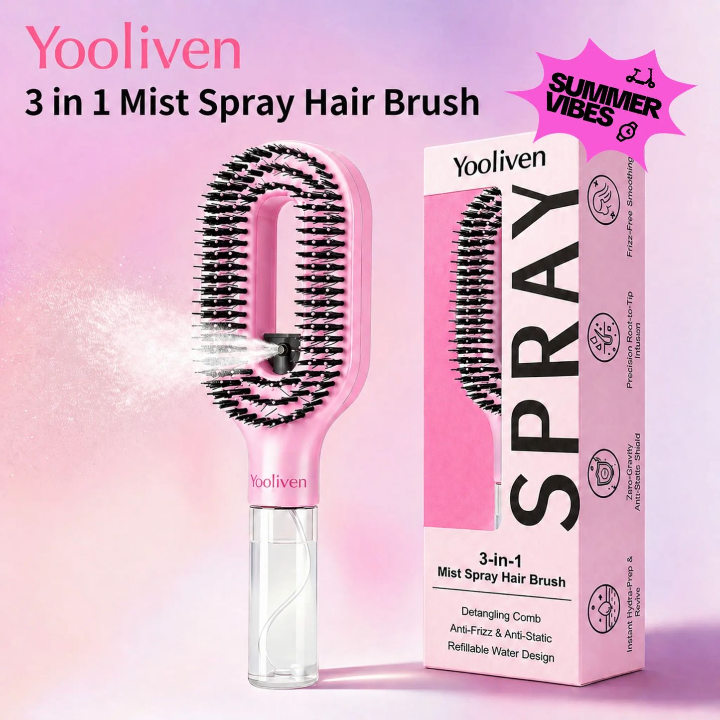 Summerwins Yooliven 3-In-1 Mist Spray Hair Brush - Anti-Frizz Ionic Detangling Comb with Refillable 55Ml Water Tank, Dual Bristle Design with Massage Tips for Dry, Curly & Thick Hair, Effortlessly Untangle Knotted Hair
