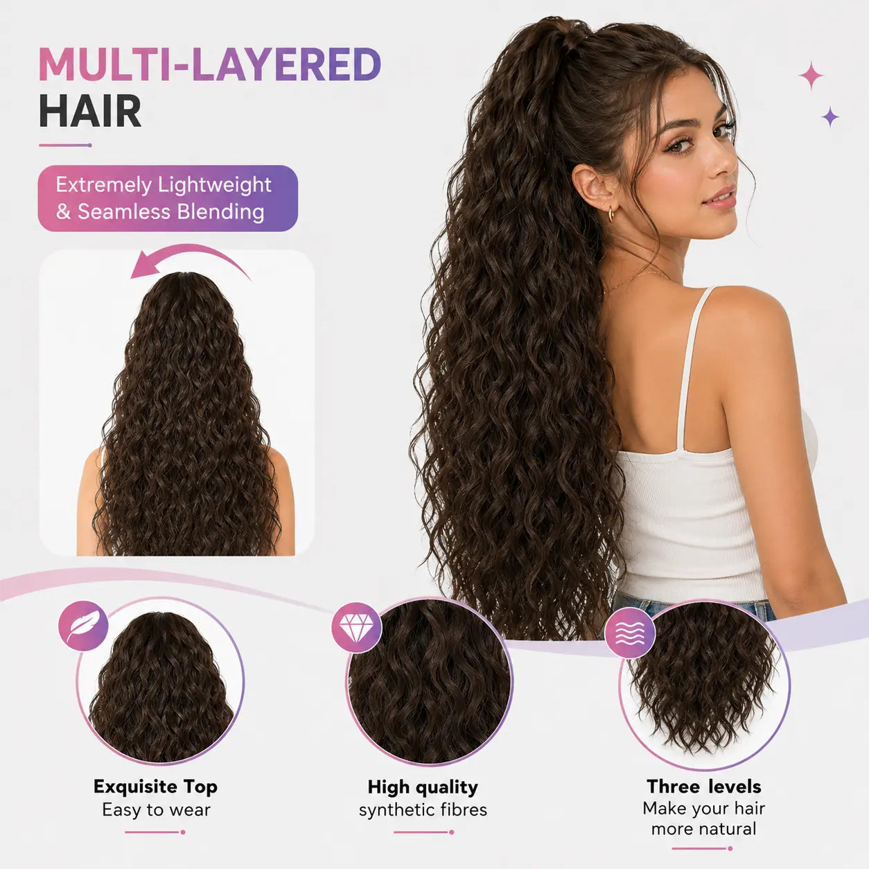 NOKOARI 30In Heat-Resistant Synthetic Curly Wave Extensions - Claw Clip Ponytail Hairpiece, Soft Wavy Hair Extensions for Daily, Party Use
