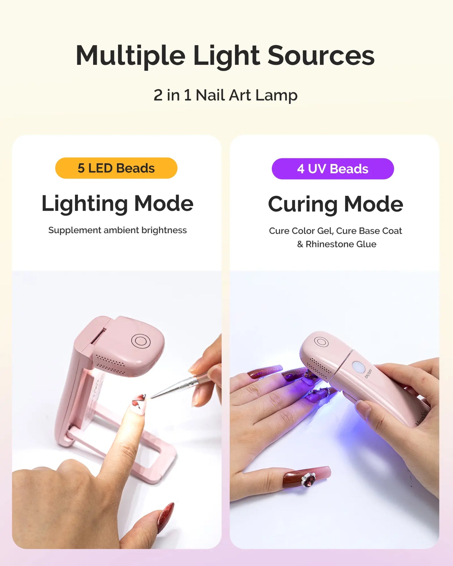 Melodysusie Cordless UV Nail Lamp with Foldable Stand, P-Art09F 2-in-1 Curing Light, Rechargeable, Ideal for Soft Gels, Base and Top Coats