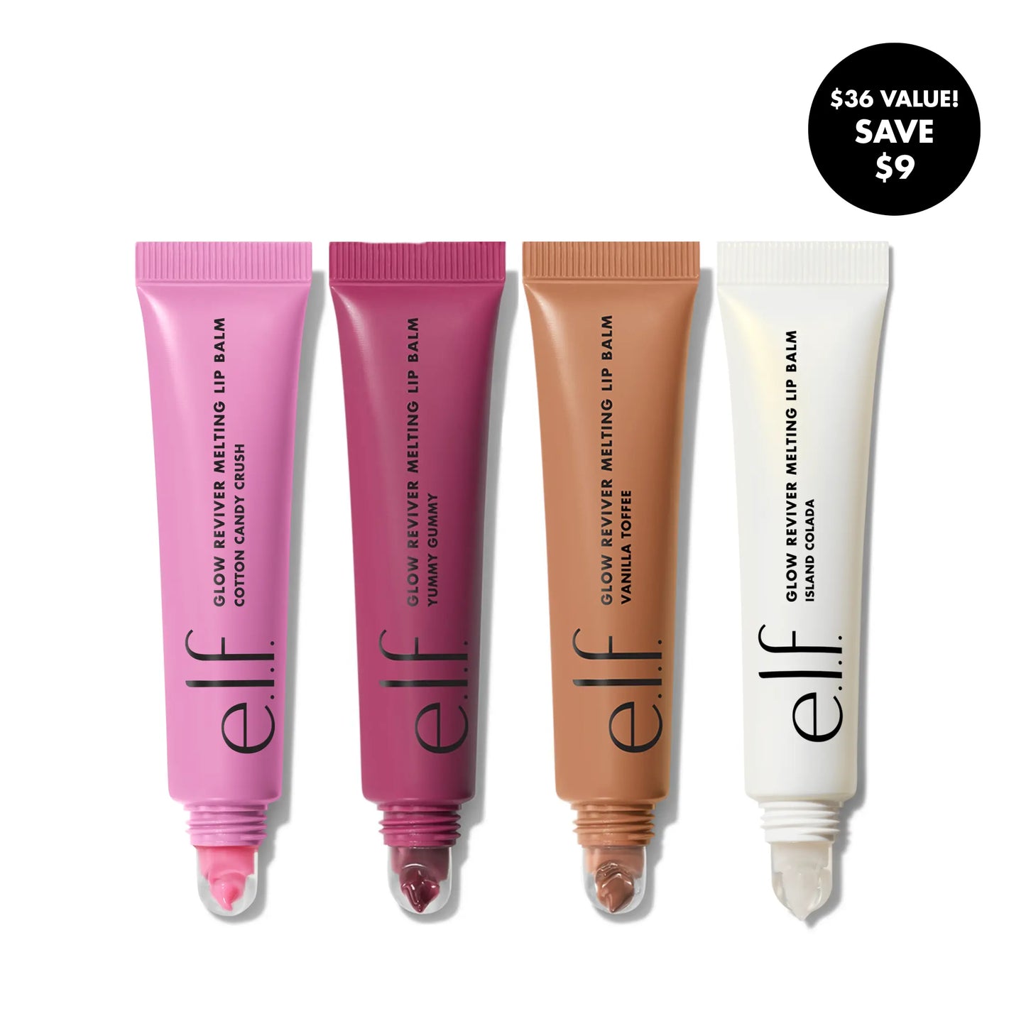 E.L.F. Glow Reviver Melting Lip Balm 4-Pack - Island Colada, Cotton Candy Crush, Vanilla Toffee, Yummy Gummy - Smooth Application, Buildable Color, Hydrating Butters