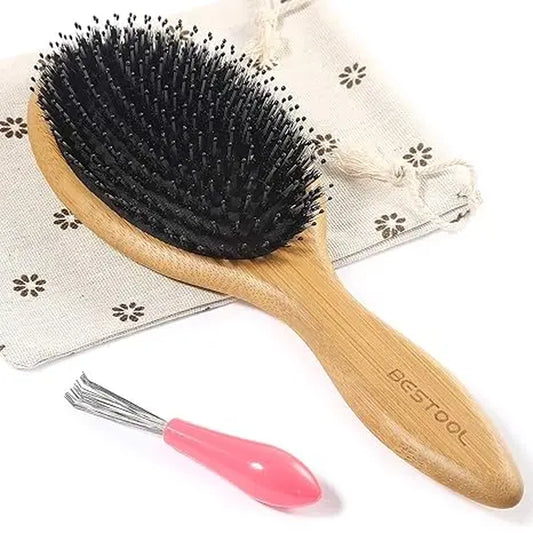 BESTOOL Boar Bristle Hair Brush - Natural Bamboo Cushion Paddle Brush for All Hair Types, Anti-Static, Large Round Design for Women, Men, and Children
